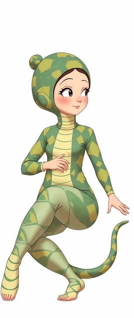 Cartoon anime style,A beautiful asian teenager girl wears snake patterned print lycra turtleneck unitard catsuit with zentai socks covered with scales and snake patterns.She wears snake patterned print lycra nylon inner hood-like swimming cap-like dancewea...