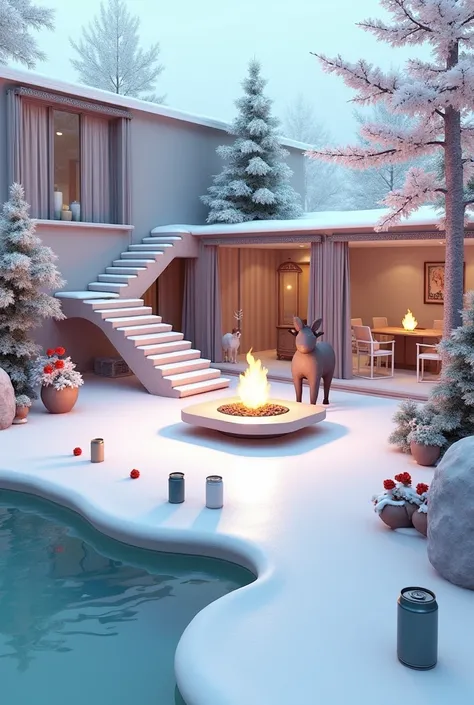 PROFESSIONAL 3D RENDERING OF THE DESIGN OF THE COURTYARD OF A VILLA ON A SNOWY DAY AND THE COURTYARD IN THE FORM OF A STAIRCASE LIKE A DOCK AND CANS SITTING ON SNOW AND SITTING ON SNOW TREES AND A CURVED COURTYARD AND A MOVING CHAIR AND SITTING ON RED ROSE...