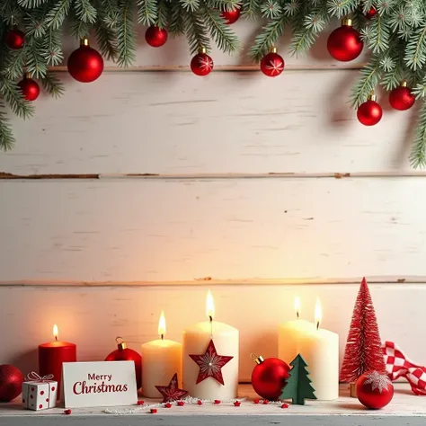 Christmas Background - Advent Candles, Greeting Card, 3. Advent decoration with star and tree, red balls on light rustic wood, friendly warm Xmas backdrop with copy space, banner, header, panorama