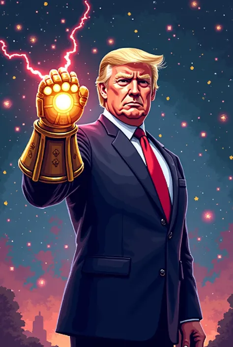 Donal Trump with the infinite gauntlet about to clap his fingers Pixart-style
