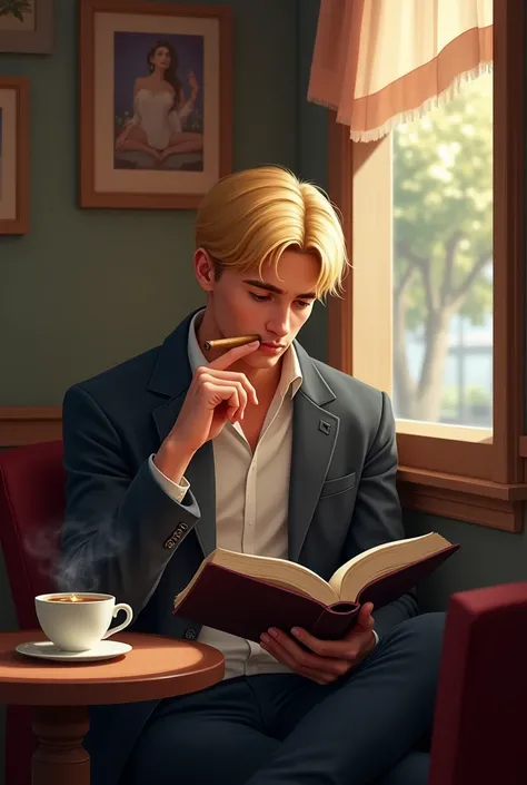 A blond young man is sitting reading a book in a cafe and has a hot coffee sitting on the table, in his hand lighting a cigar.