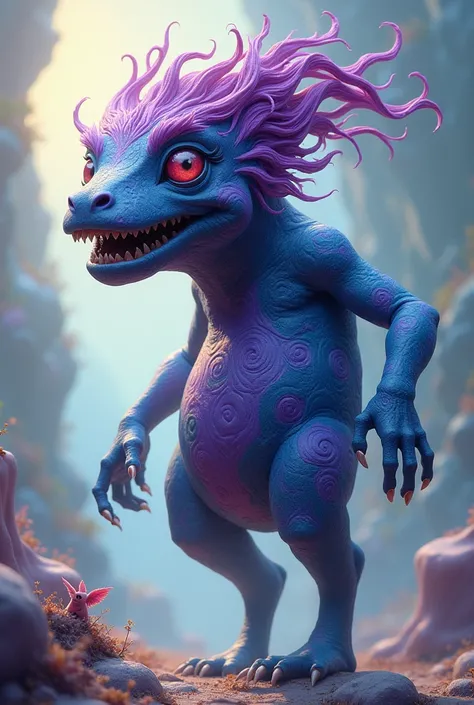 A creature with a blue and purple rag turned upside down