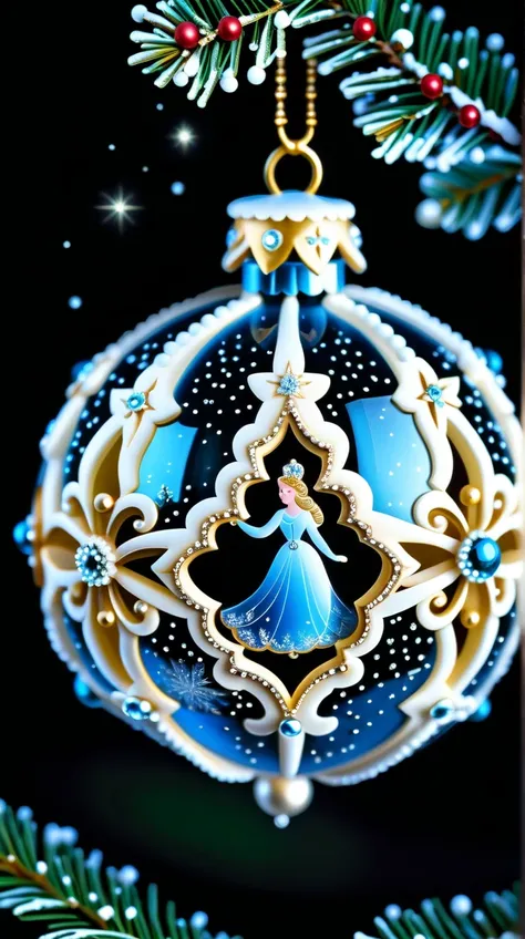  Christmas tree toy Epoxy ball depicting the Snow Maiden,snowflakes,glitter,patal ,rhinestones,Pearls.
 drawing ,contour  , filigree, vintage secondary objects to depict without accent ,aesthetics, beautiful, realistic, photorealism ,4K, high detail , high...