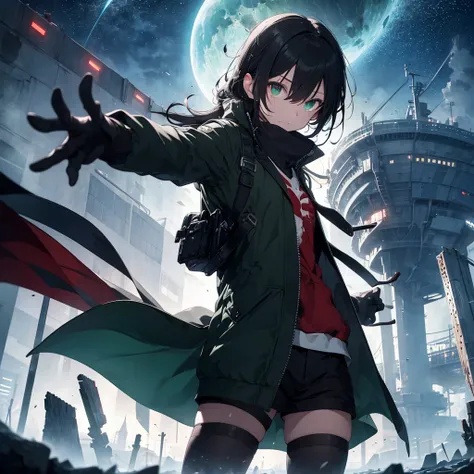 Male covering his eye with one hand, blood stains, green eye, Pitch black hair, gloves, open jacket, Perfect anatomy, Epic scenemy, 8k, Perfect, in the middle of an unknown world, floating structures, futuristic structures