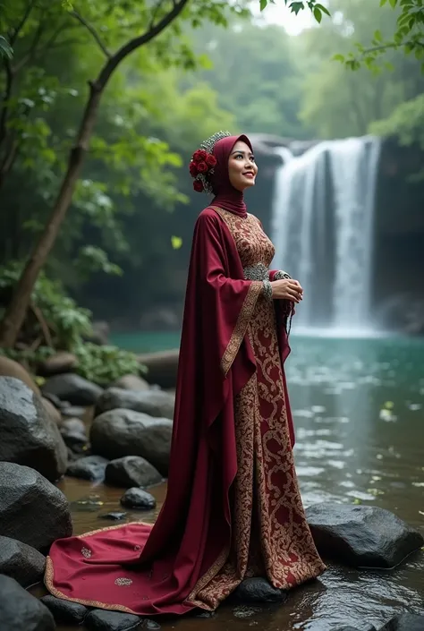 Front look,Up close,,Elegant photographic style , Beautiful Sundanese woman ,Clean white skin,Long wind-blown maroon hijab , embellished with silver ornaments and red roses,elegant style, wears elegant and elegant high-collar slim fit wedding dress ,ideal ...