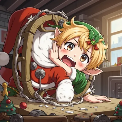 Anime Elf boy stuck in a machine tangled in gift wrap. Santas Workshop. 1 boy, crawling, High Resolution, Open Mouth, Pointy Ears, Masterpiece, holly hair ornament, blonde, Blush, Surprised, Worried, Flustered, Panicking, Green Santa Hat, Green Santa outfi...