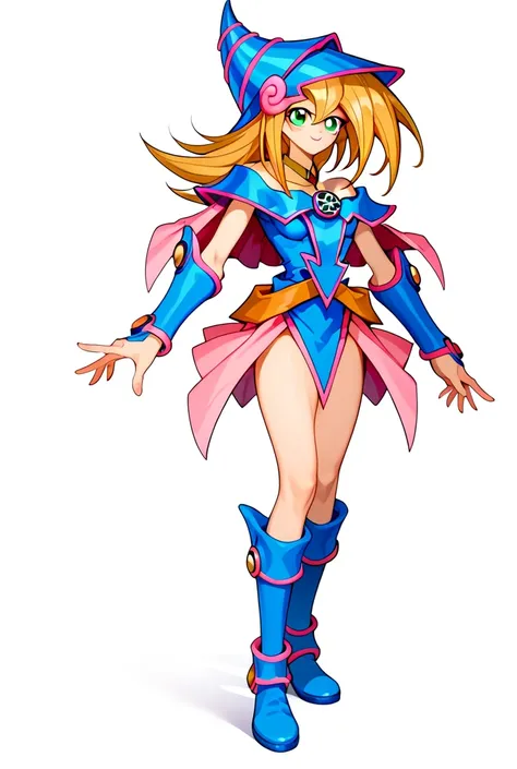 1girl, Solo, High Resolution, Masterpiece, Anatomically Correct, Accurate, Super Detailed, Best Quality, Textured Skin, Cinematic Lighting, Full Body, Dark Magician Girl (Yu Gi Oh), Long Hair, Blonde Hair, Green Eyes, Blue Female Ninja Outfit 