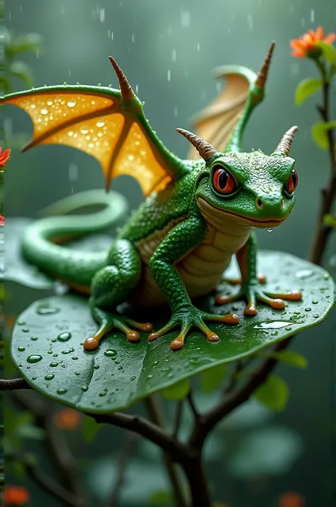 a frog with the character of a dragons face. it has wings. a long tail. its whole body is wet with raindrops. its position is on a leaf with twigs. it looks real and original. the image quality is sharp. the background of the wet leaf has bubbles of rain w...