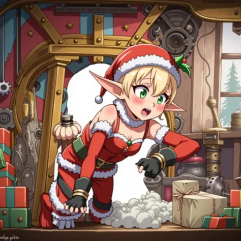 Anime Elf boy stuck in a machine tangled in gift wrap. Santas Workshop. 1 boy, crawling, High Resolution, Open Mouth, Pointy Ears, Masterpiece, holly hair ornament, blonde, Blush, Surprised, Worried, Flustered, Panicking, Green Santa Hat, Green Santa outfi...