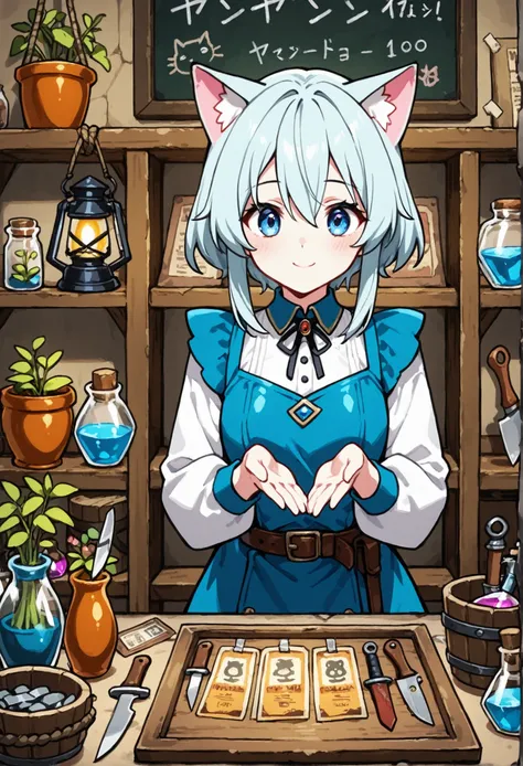 1girl,cat ears,kawaii,cute,fantasy clothes,little smile,BREAK,(fantasy tool shop:1.3),nice pose,a bunch of medicinal herbs,potion,hardware,aisles,shelves,tool section,hardware section,a balance,plants, lantern,wooden bucket,scrolls,blackboard,vase, pot,jar...