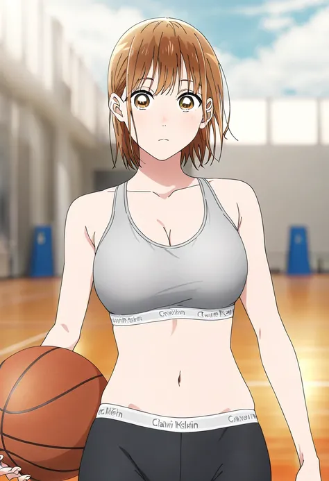  1 girl, Alone, Chinatsu,  Blurry Background,  brown eyes、 sports bra、Calvin klein、 spats、 cleavage、belly button、gym、 Basketball 、looking at viewer, masterpiece,  top quality,  great quality,   very aesthetic ,  absurd