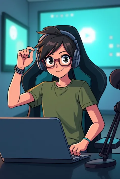 Create an avatar anime cartonized dressed in an olive green full t-shirt, sitting confidently atop a modern gaming chair. The avatar is positioned at a broadcast setup, with a sleek laptop in front and a mic stand placed to the side, ready for a live strea...