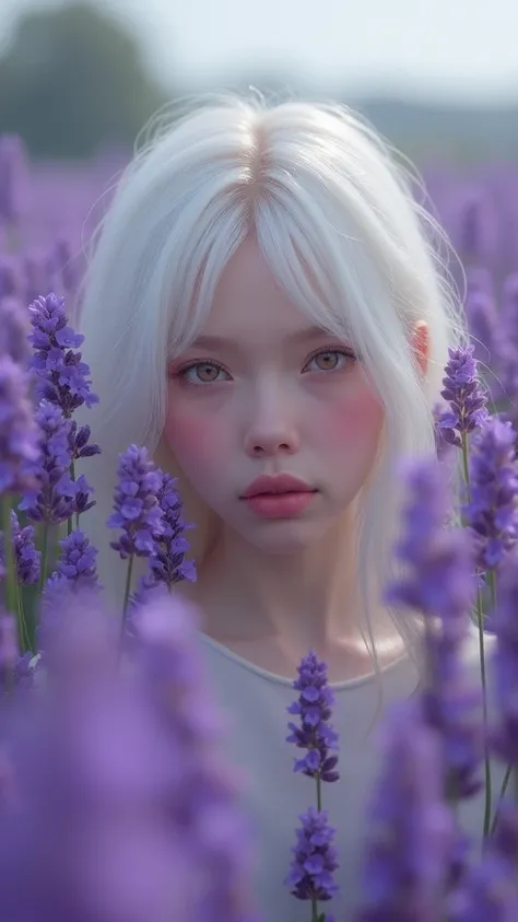 The girl is surrounded by lavender flowers. White hair and amber eyes .  pretty girl ,  pale skin , god,  art, Lots of lavender,   Blush on the face,  Entirely in the frame , Blushing, disturbance, Embarrassed, Light blush, Blush on the face, 