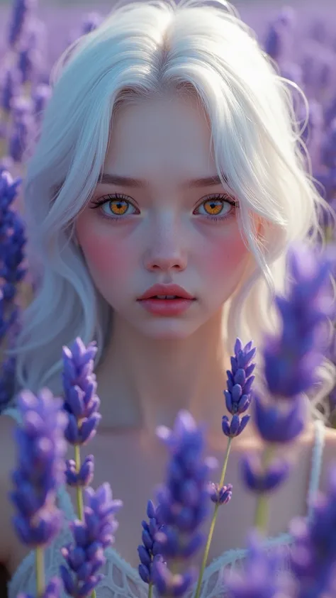 The girl is surrounded by lavender flowers. White hair and amber eyes .  pretty girl ,  pale skin , god,  art, Lots of lavender,   Blush on the face,  Entirely in the frame , Blushing, disturbance, Embarrassed, Light blush, Blush on the face, 