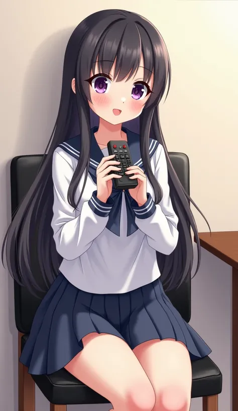 An anime-style illustration of a teenage woman with long black hair and purple eyes sitting on a dining chair and backrest, black leather with wooden legs, wearing a sailors school uniform., while holding a black television remote control in her hands atta...