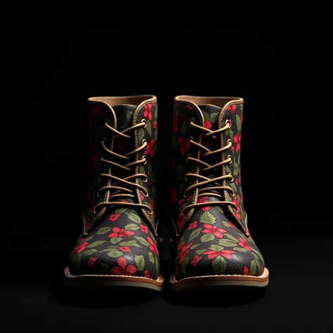 ((holly pattern boots:1.4)), BREAK ((((best quality)))),((((high resolution)))), from front,close-up, ((black background:1.6)),((Top Light)),