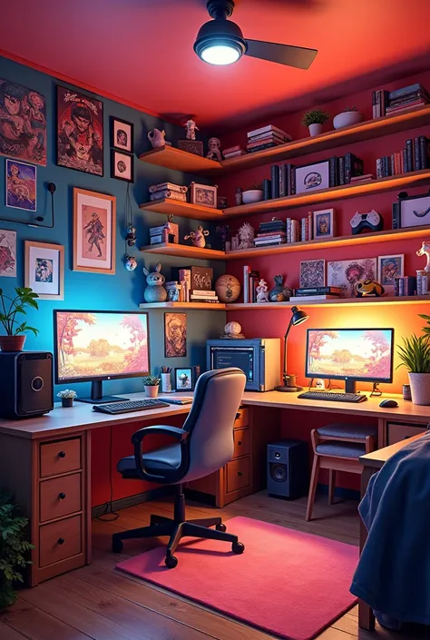 It is a double bedroom, the red room has lights, shelves, cabinets, anime and manga and gaming computers and overwatch games.