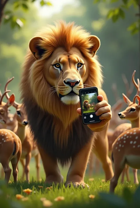 Lion was taking selfie with deers.