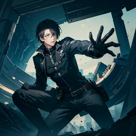 Male covering his eye with one hand, blood stains, green eye, Pitch black hair, gloves, open jacket, Perfect anatomy, Epic scenemy, 8k, Perfect, in the middle of an unknown world, floating structures, futuristic structures