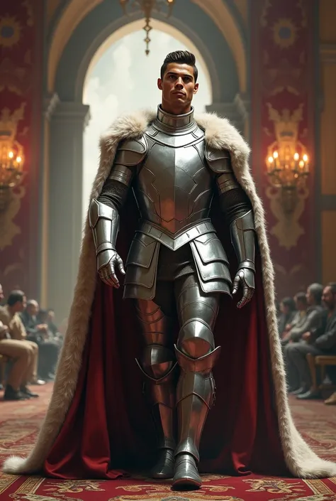 Cristiano Ronaldo in polished silver armor, wearing a royal cape lined with fur, stepping through a throne room adorned with banners and chandeliers, exuding an aura of invincibility.