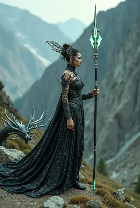 Real photo, realistic scene. A woman, she wears a luminescent black and white costume with many intricate details, holding a spear with a white and luminescent green tip with details just like her clothing. The woman is in a mountainous area, she is standi...