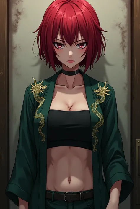  Female anime character, woman, short red hair, Of expression and psychopath,  wearing a dark green kimono ,  with dragon designs on the fabric,  showing the abdomen and strong physique, and with a short shirt ,  in the color black underneath  