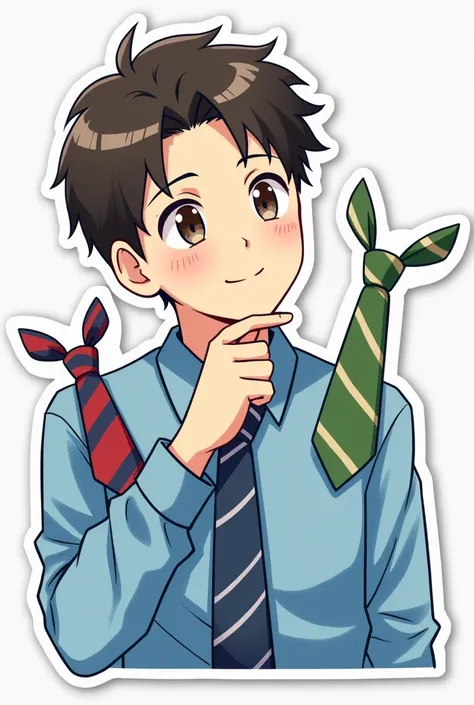 A sticker where a student in a blue shirt will think about which tie to choose between striped red and blue and striped green and white.  Always with an inscription "Hm..Which tie to choose ?" 