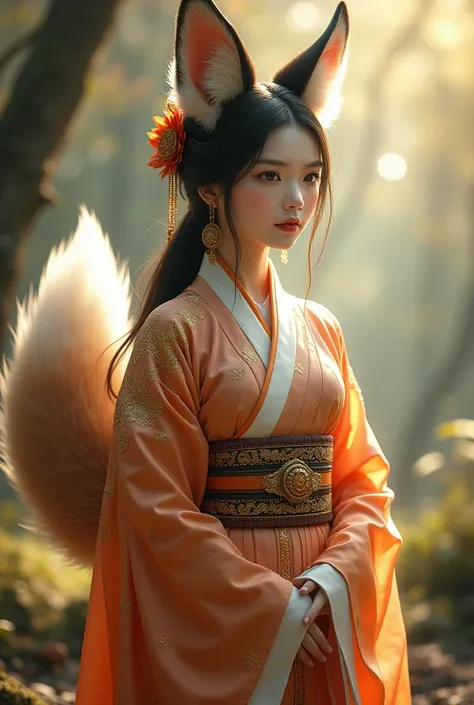 “A breathtaking Japanese woman with a fox hybrid appearance, exuding elegance and mysticism. Her face retains delicate human features, with captivating almond-shaped eyes, a soft complexion, and a graceful expression. Fox ears emerge naturally from her sle...