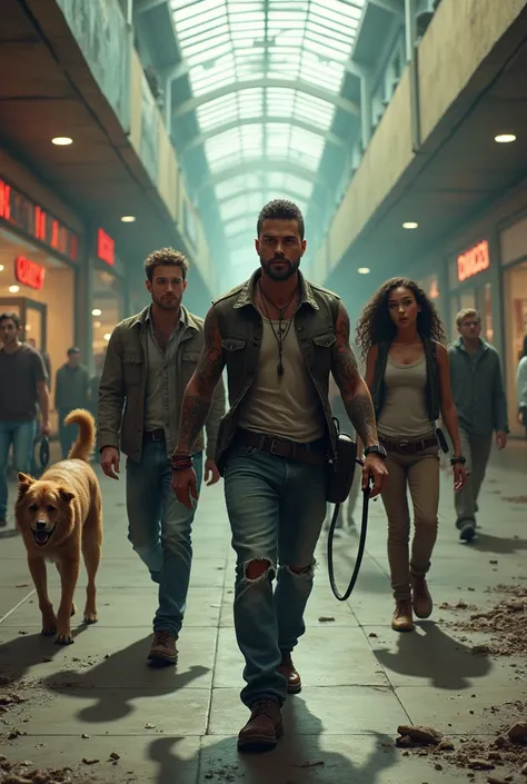 a tattooed brown man ,a blond man, a brown man,  a brown woman and a dog in a zombie apocalypse in a mall 