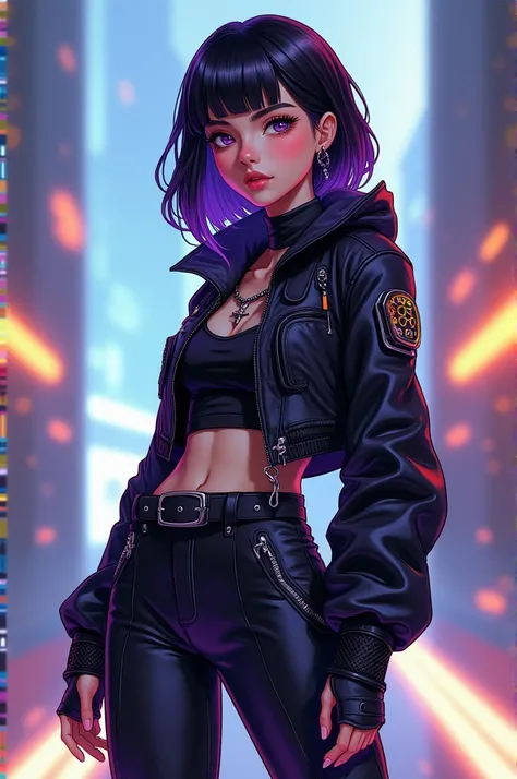 Illustrate a stylish full body outfit ,  in futuristic colors ,  on a teenager with knee-length hair,  in which your hair is black with dark purple tips 