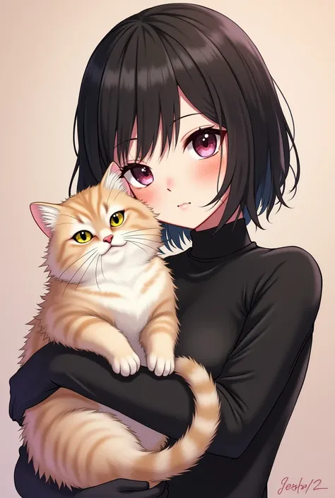 There is a woman holding a Persian cat，Wearing a black dress, Ni Duan&#39;s numbers, Douban, Digital art, Cute illustration, Soft anime illustration, catwoman, Cute Art Style, very beautiful cute catwoman, lovely artwork, Emo girl and her pussy, there is n...