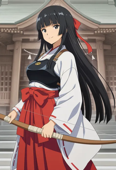 (masterpiece), Highest quality, 4k, ((Anime Style)), ((ultra-detailed)), 1girl, ((black long hair)), (hime cut), (hair ribbon), black eyes, medium breast, (japanese shrine miko), (breastplate and white kimono), (red hakama), (Holding a Japanese long bow(we...