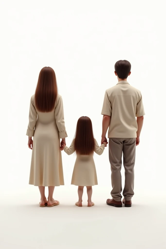   the mother with straight brown hair medium size , The adult daughter with long straight brown hair, Brown-haired father with a low cut does the three of them holding hands backwards on a white background and matching clothes 