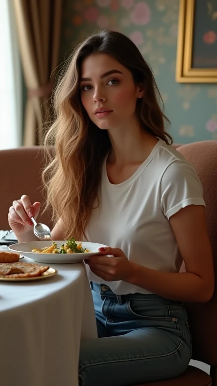 A beautiful woman with long hair wearing t-shirt jeans sits while eating background dining room dining table Professional living  , 4k, HD, UHD, 8K,  High detail ,       ultra definition 