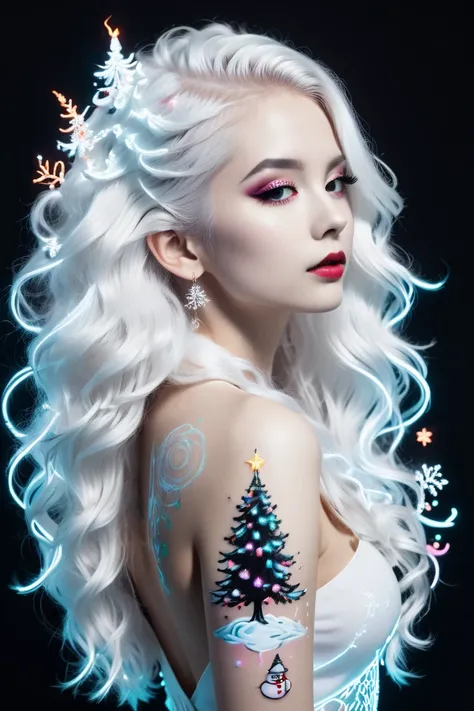  on the back of a beautiful girl beautiful neon white tattoo depicting a white Christmas tree and a snowman,  Long white hair , Minimalism, black background, contrast, half a turn view , pretentious, fashion cool posting, diagonal view 