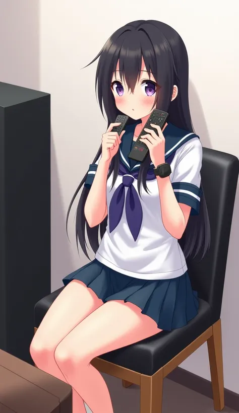 An anime-style illustration of a teenage woman with long black hair and purple eyes sitting on a black leather dining chair and backrest with wooden legs She wears a short Magas sailor school uniform and a black watch, while holding a black television remo...