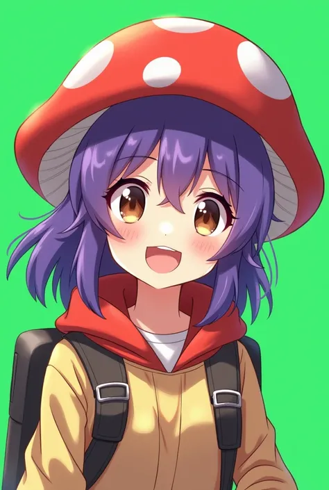 Purple hair mushroom hat red cap brown eyes anime head green screen background 