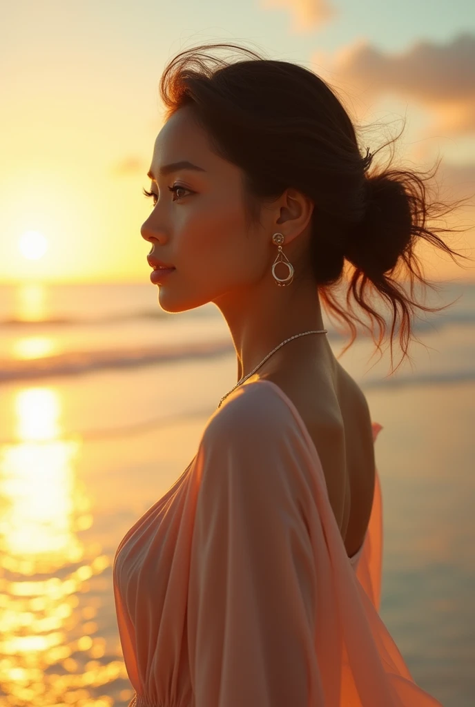  A beautiful Malay woman in polite braces, Mayang curls walking by the beach . Sunset time view by the beach . 3d human real image  