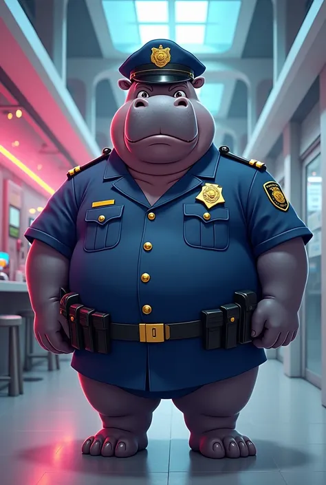 Hippopotamus cop at the anime police station with boots
