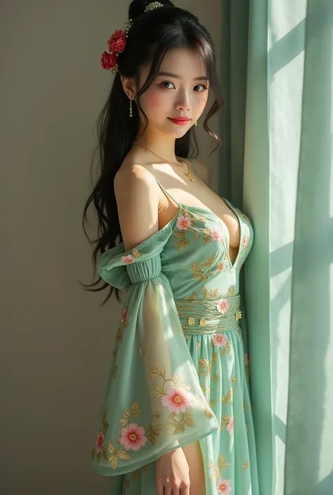 Realistic photo, Full body, beautiful chinese woman 22 years old, large breasts D-cup, black hair, brown eyes chinese clothes cleavage dress flower green dress, hair flower, hair ornament hanfu leaning forward lips, white sneaker