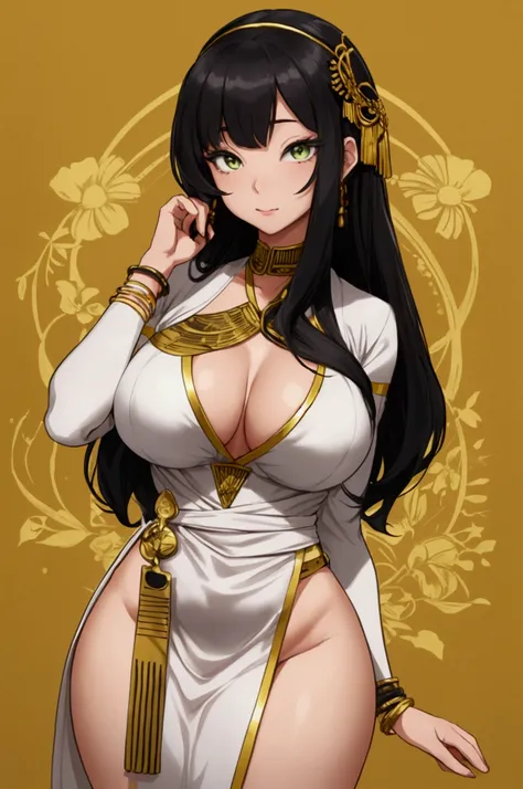 My name is Oyuki, a white woman with long, light black hair and my green eyes I am 1.67 cm tall and my body has a curvy hourglass shape: 120 centimeters breasts, 40 centimeters waist and 180 centimeters hips. Dressed in Egyptian cloth and bracelets on my w...