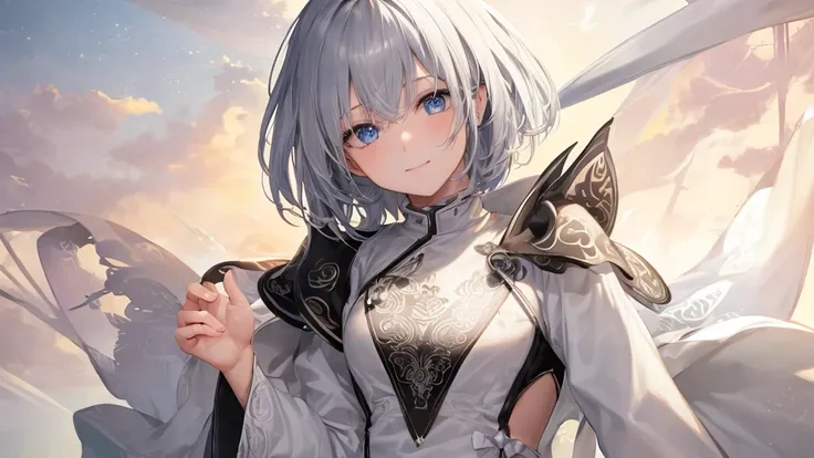  white hoodie 、 black shirt 、Ultra HD, Watch viewers with a beautiful sunset in the background , and, 20 years old, 非常に short hair,  long bangs between eyes, Pale blue eyes,  very detailed,(masterpiece、 top quality),Gray Hair、Laughter、 amazing,  Silver Hai...