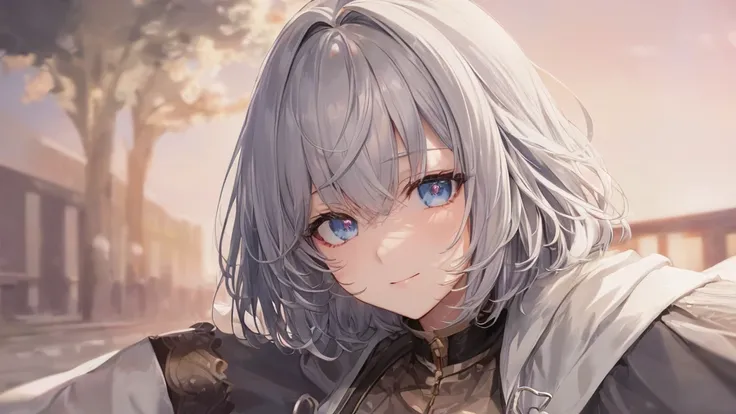  white hoodie 、 black shirt 、Ultra HD, Watch viewers with a beautiful sunset in the background , and, 20 years old, 非常に short hair,  long bangs between eyes, Pale blue eyes,  very detailed,(masterpiece、 top quality),Gray Hair、Laughter、 amazing,  Silver Hai...