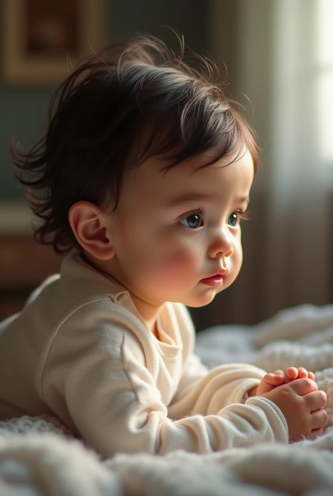 A one year very beautiful muslim  fair baby girl sitting in house her side face showing