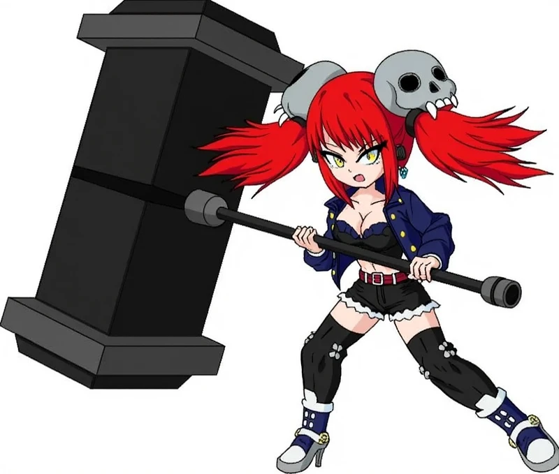 Punk Teen Girl,  big breasts, , irritated look , Holding a giant hammer, Red hair, I have twintails.,  yellow eyes, Black bodysuit , Low Waist, Dark blue jacket,  black shorts ,  black pantyhose,  Dark Blue High Heels