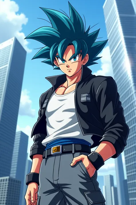 Cool cartoon style , Sun go ku with Super Seiya blue hair, wears white t-shirt ,wearing a black jacket, wears gray cargo pants ,standing staring intently , on top of a tall building , against the backdrop of a sophisticated city ,ultra HD.