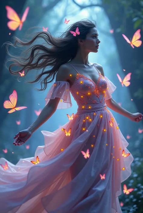  Magical butterflies flickering in her hair ， Wore a dress made of butterfly wings and petals 。 She can control thousands of butterflies as weapons，The wings exude a psychedelic light 。