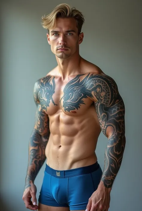 Caucasian teen models blonde blue-gray eyes muscular tall sexy and handsome with jewelry marked bodies 25 years old blue dragon tattoos and blue boxer also that I reached my back 