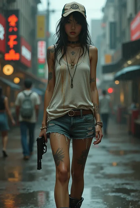 (best quality,realistic,photorealistic:1.37),detailed portrait,Japanese woman living in America,wearing a oversized Tangtop with stains and tears,baseball cap,dirtied high-top Vans sneakers,holding a Wesson M442 compact revolver in her hand,rainy weather w...