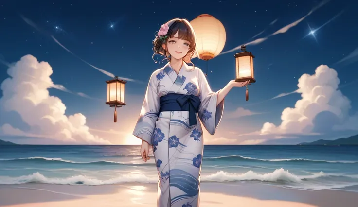 A serene and atmospheric illustration of a young Japanese girl wearing a traditional yukata, standing on a quiet beach under a dark, starry night sky. The soft glow of the moon reflects on the gentle waves, creating a peaceful seaside ambiance. The girl ho...